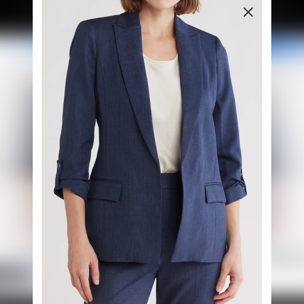 CALVIN KLEIN | Women's Heather Indigo Open Front 3/4 Sleeved Denim Blazer